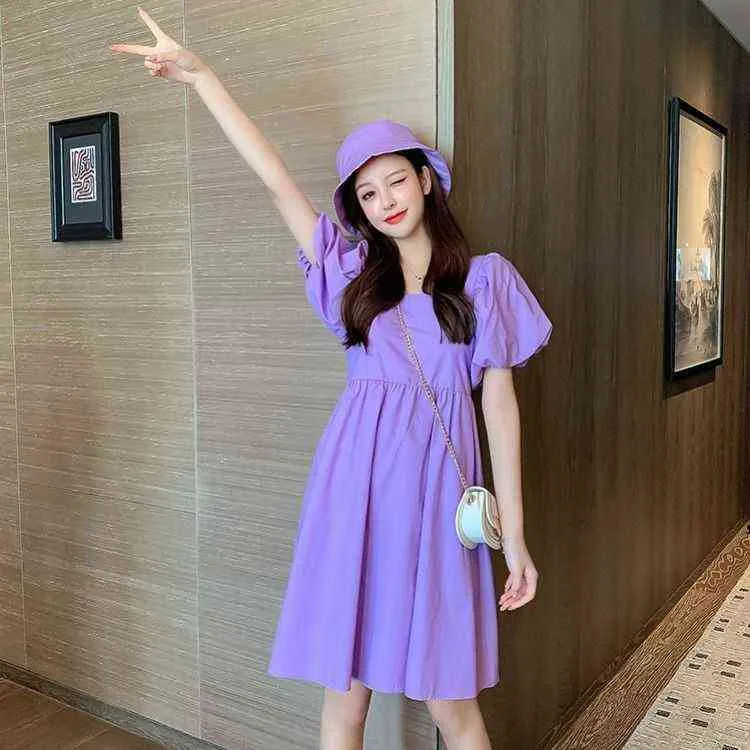 New Korean-Style Loose Purple Square Collar Puff Sleeve Dress Woman Dress Vestido De Mujer Femme Robe Y220214