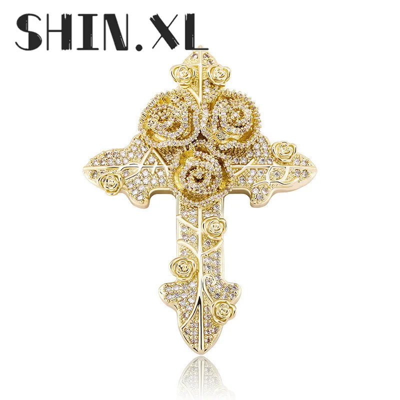 Hip Hop Iced Out Gold Plated Rose Cross Pendant Necklace Bling Bling Jewelry for Men and Women