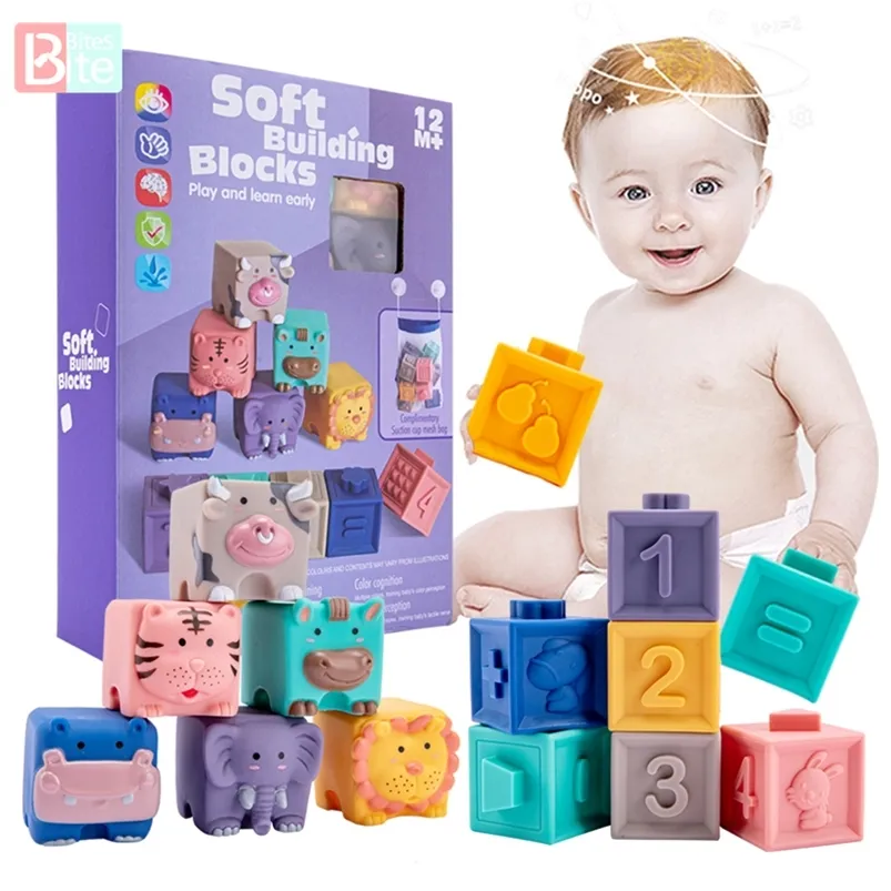 Montessori Oyuncaklar 12 adet Bebek Blokları Oyuncak Yumuşak Yapı Taşları 3D Dokunmatik El Topları Bebek Masaj Kauçuk Dişçileri Sıkmak Oyuncak Banyo Oyuncak 201216
