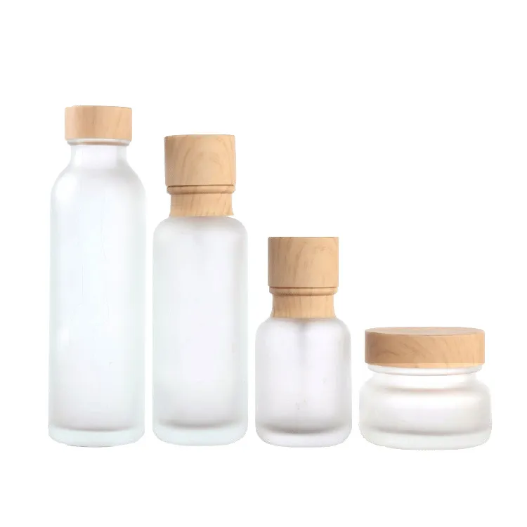 Frosted Glass Jar Lotion Cream Bottles Round Cosmetic Jars Hand Face Lotion Pump Bottle with wood grain cap Bottles GH1369