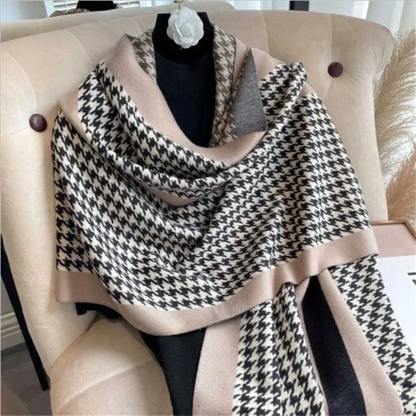 두꺼운 따뜻한 겨울 스카프 Houndstooth 디자인 인쇄 여성 캐시미어 Pashmina Shawl 레이디 랩 스카프 니트 여성 풀 블랭킷 220106