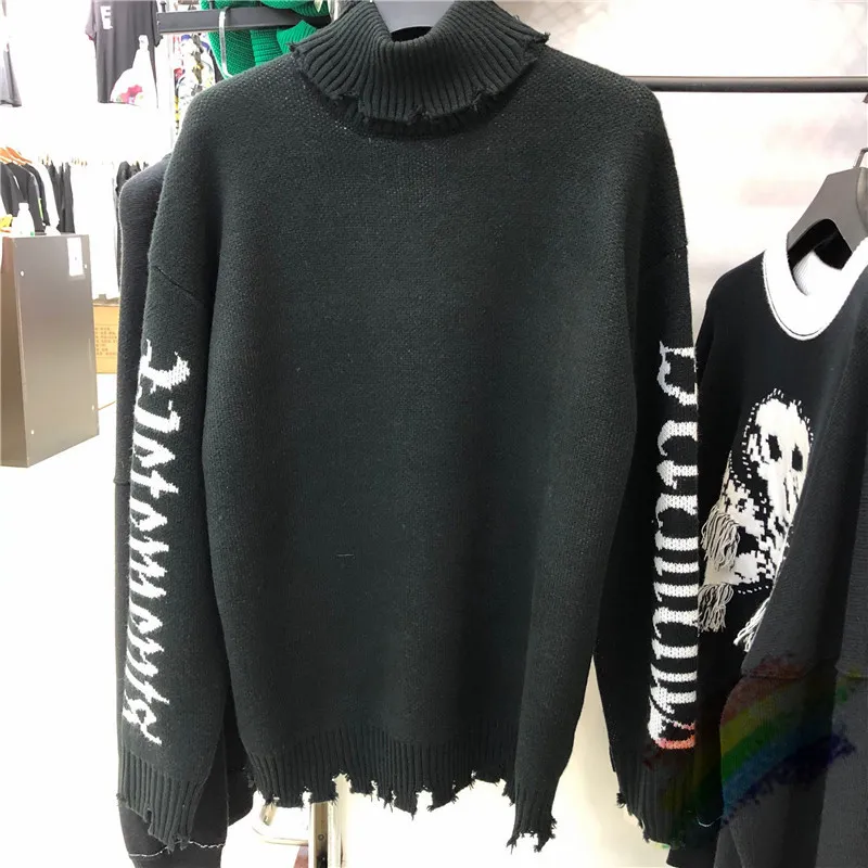 Turtleneck Damage Distressed Sweater Herr Damer ärmar Vävda White Letter Sweatshirts