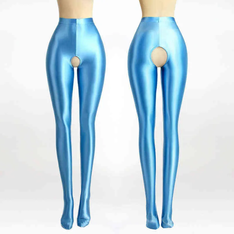 Legging sem costuras sexy calça aberta entrepernas cetim óleo brilhante opaco meia-calça brilhante brilhante alta plus size calças treino H1221208L