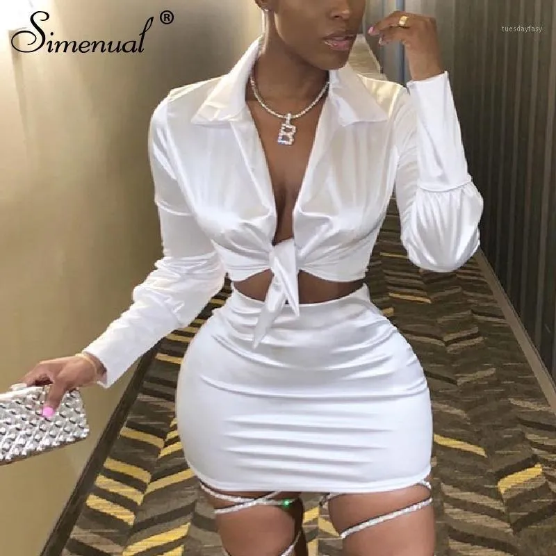 Robe Deux Pièces Simenual Sexy Mode Satin Ensembles Assortis Femmes Col En V Parti Soie 2 Tenues À Manches Longues Bandage Crop Top Et Jupe Set1