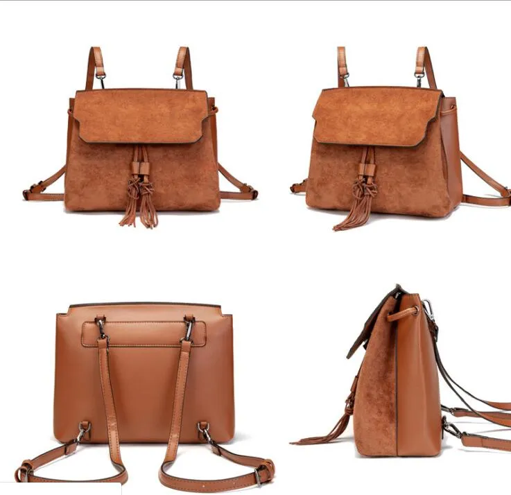 Solid color retro style women s backpack new rectangular flap drawstring school bag PU suede leather backpack black brown bag