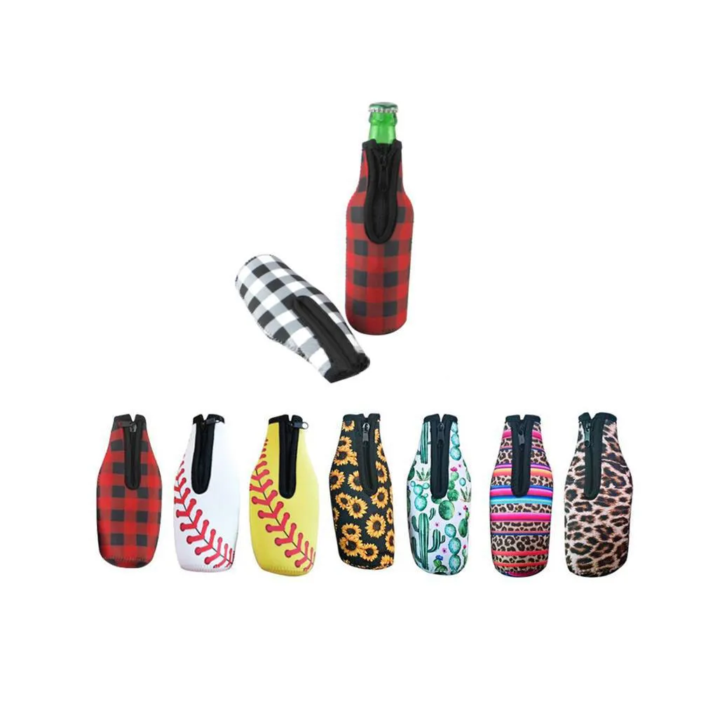 330ml 12oz Drinkware Handle Neoprene Beer Bottle Coolers Sleeve with Zipper, Bottles koozies, Softball, Sunflower Leopard Pattern