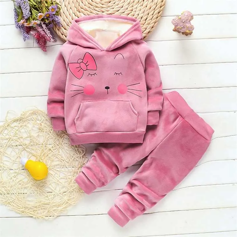 BibiCola Baby Girl clothing Sets kids 2PCS coat+ T shirt + Pants children Cute Princess Heart-shaped Print Bow baby girl outfits 211224