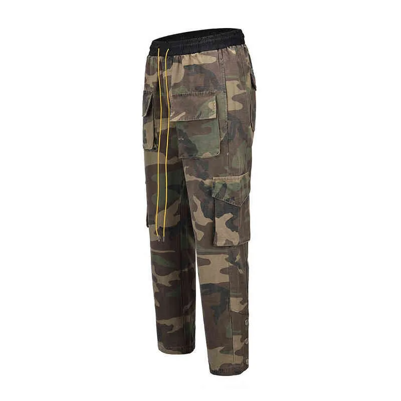 Pantaloni cargo mimetici Bieber Hip Hop Vintage multi-tasche con bottoni inferiori Pantaloni cargo da uomo Streetwear Pantaloni militari da uomo H1223
