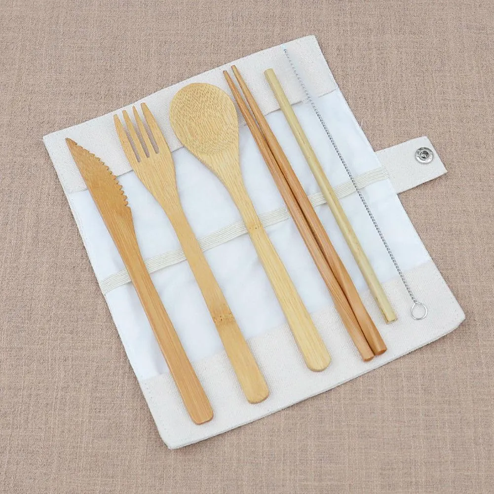 7pcs / set Trä servis uppsättning bambu tesked gaffel soppa kniv catering bestick set med tygväska kök matlagningsverktyg redskap