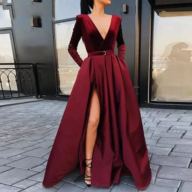 Dresses Vestido 2021 New Arrival Long Prom Party Evening Dresses Gown Satin Robe De Soiree Elegant Frock Sexy Side Slit Velour244U