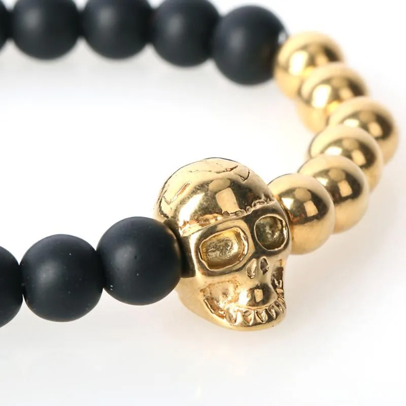 North Skull Armband Mens 8mm Black Stone Beads Elastic Armband Bangle rostfritt stål Northskull för män IB-1441283U