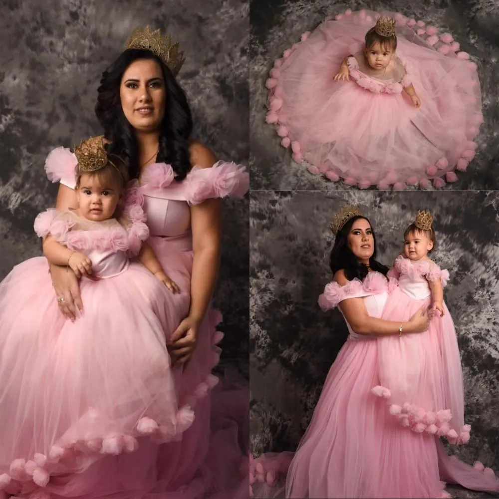 Nova mãe bonito e filha rosa flor menina vestidos aniversário pura pescoço mão feita flores meninas meninas vestido de casamento comunhão overnt tule chão comprimento