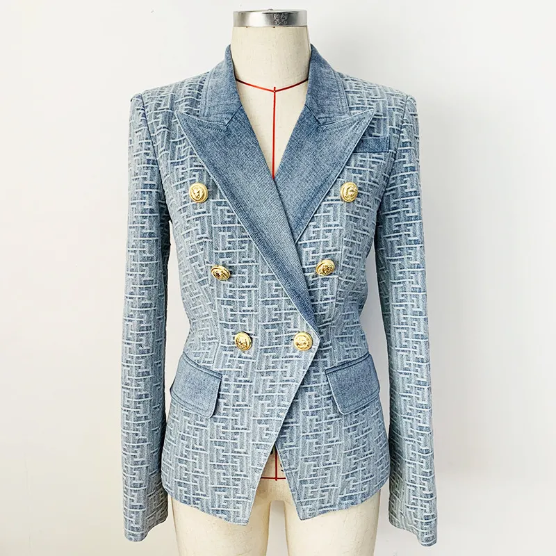 Klassieke stijl origineel ontwerp vrouwen double-breasted blazer doolhof patroon slank colbert metalen gespen denim blazers jacquard jas uitloper