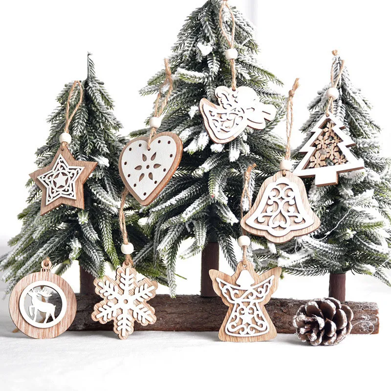 عيد الميلاد الحلي خشبية زينة عيد الميلاد جوفاء مزدوجة الحلي الأبيض شجرة عيد الميلاد الحلي ندفة الثلج قلادة 2 قطعة / الحقيبة XD24214