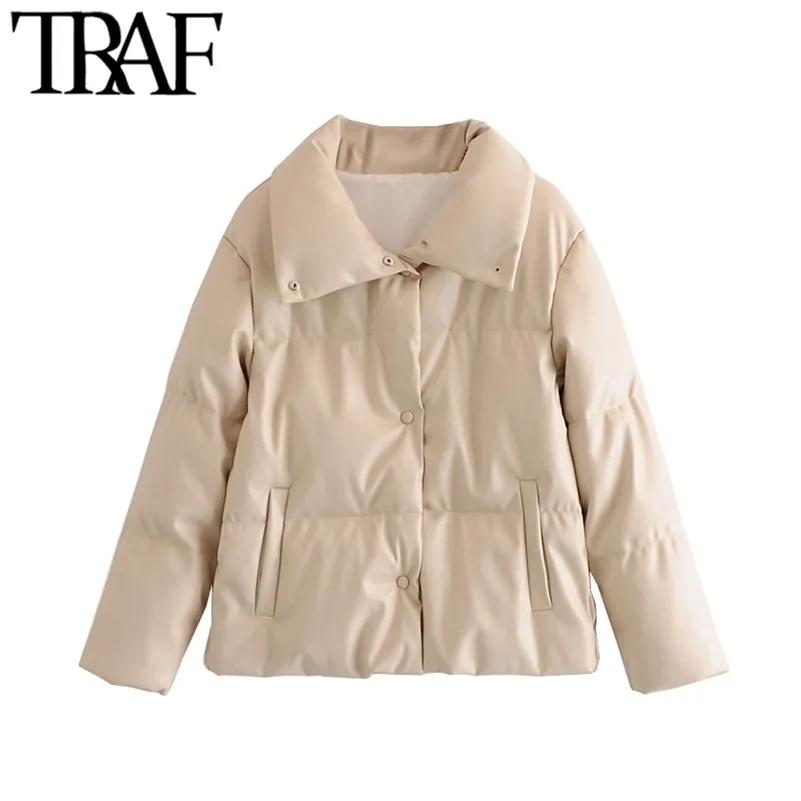 TRAF Women Fashion Faux Leather Thick Warm Padded Jacket Coat Vintage Long Sleeve Pockets Female Outerwear Chic Tops 201214