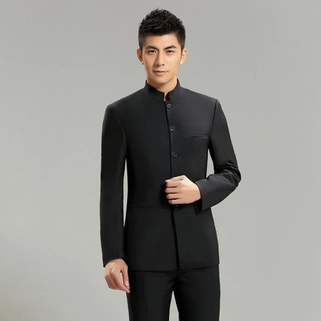 Noivo preto formal smoking masculino ternos de casamento 2 peças moda gola alta guarnição ajuste padrinhos de casamento lapela mandarim ternos masculinos para festa de casamento