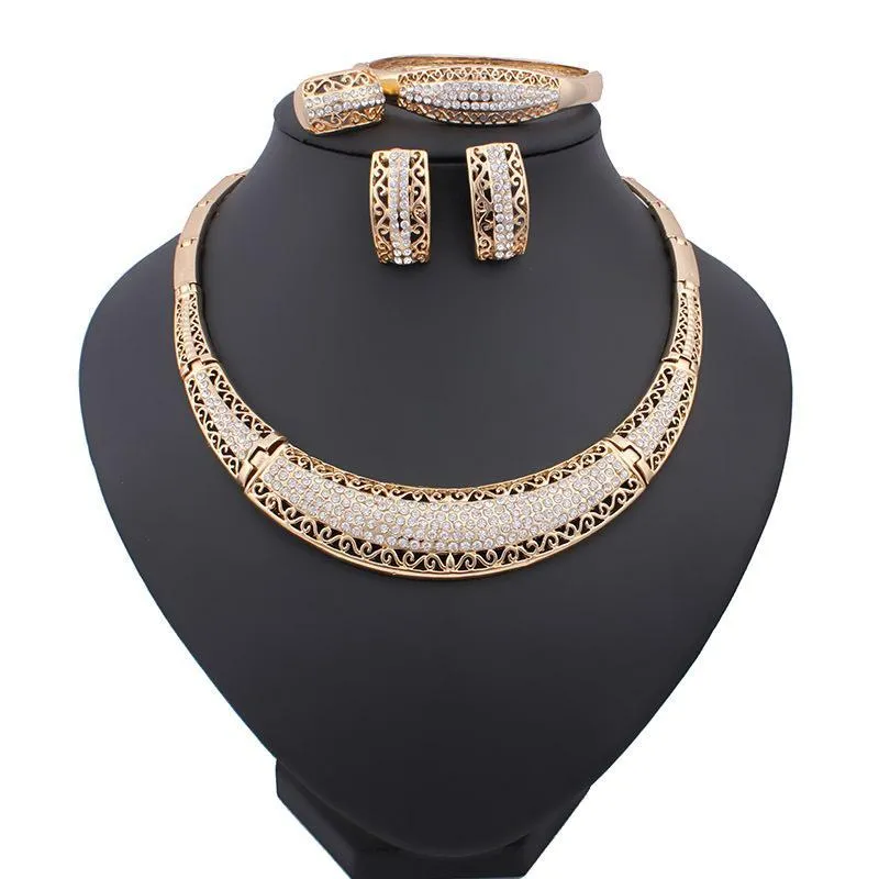 Rose.Store New Women Fashion Wedding Gold Crystal Bead Collana Orecchini Bracciale Anello Set di gioielli da sposa africani