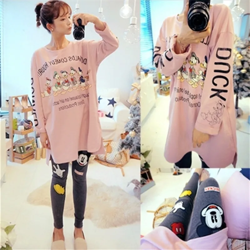 Tecknad mörk mönster sommarstil rosa stor storlek t-shirt gravid kläder bomull pyjama sätter moderskap Nightgown Leisure Wear LJ201123