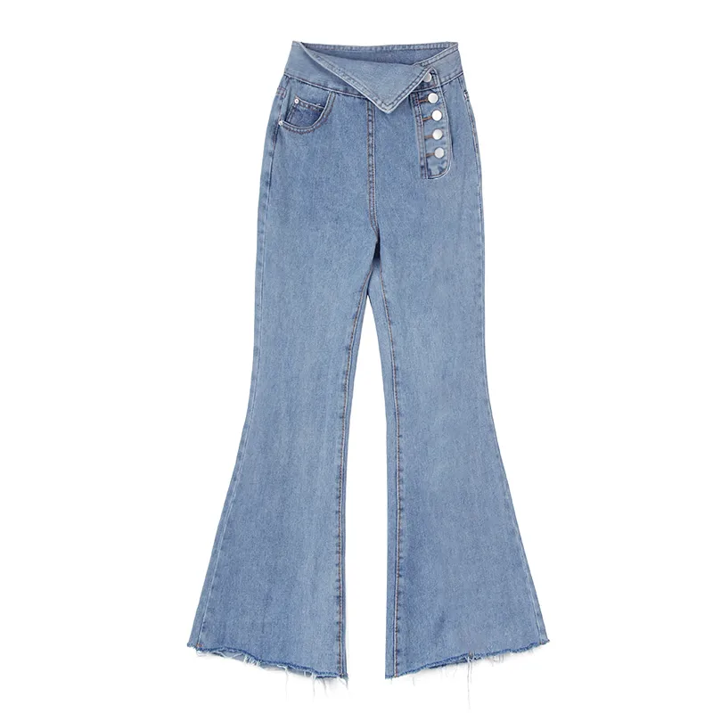 PERHAPS U Damen Jeanshose Flare Button Ganzkörperansicht Lässig Asymmetrisch Blau P0036 201029