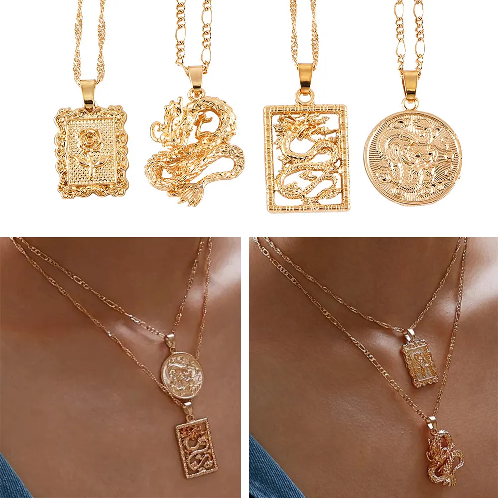 Collane del pendente della moneta dell'oro della lega del ritratto della Boemia per le donne vintage rose moda lungo collana gioielli regali