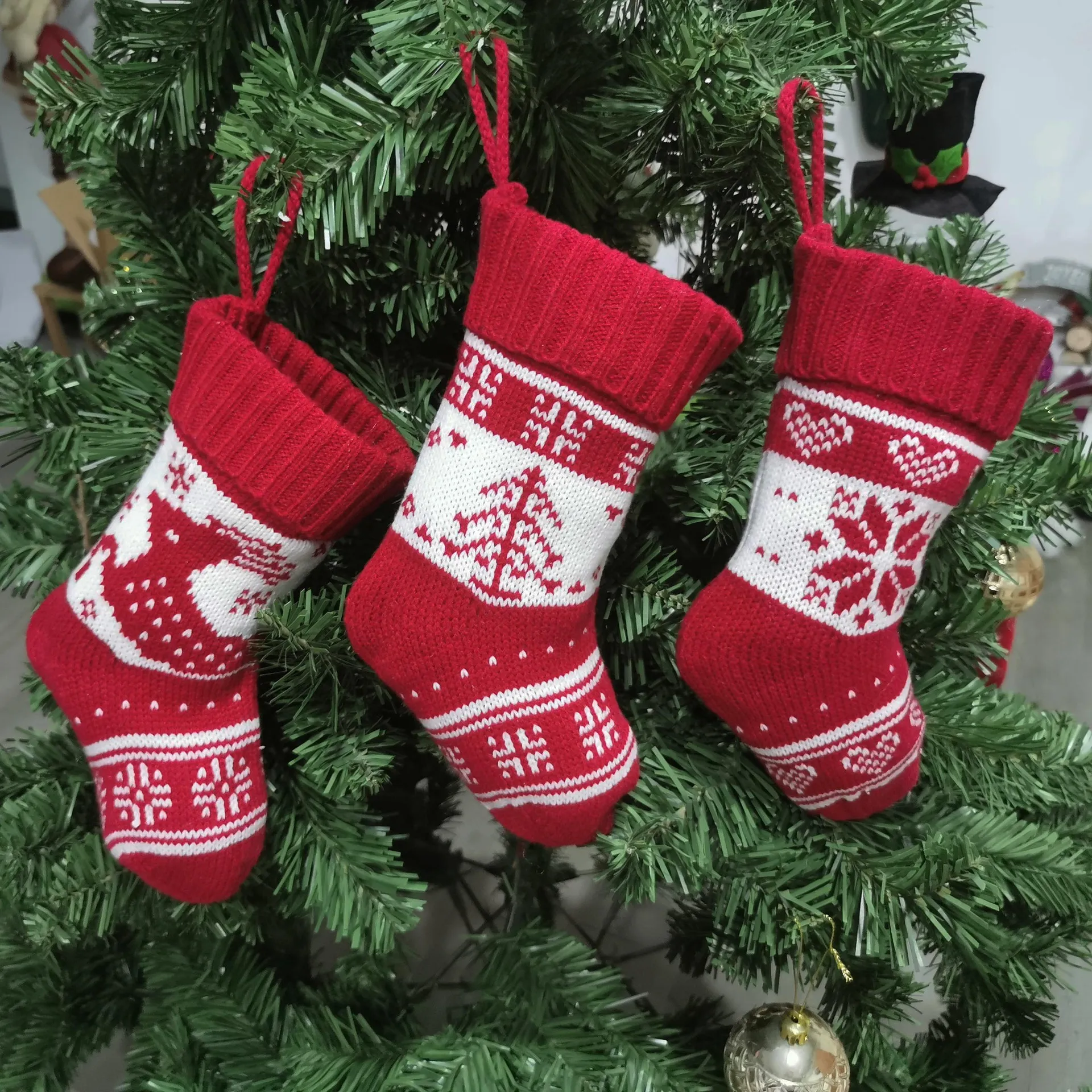 Boże Narodzenie Stocking Dzianiny Prezent Skarpety Drzewo Renifer Snowflake Xmas Drzewo Ornament Na Boże Narodzenie Dekoracje Dom JK2011XB