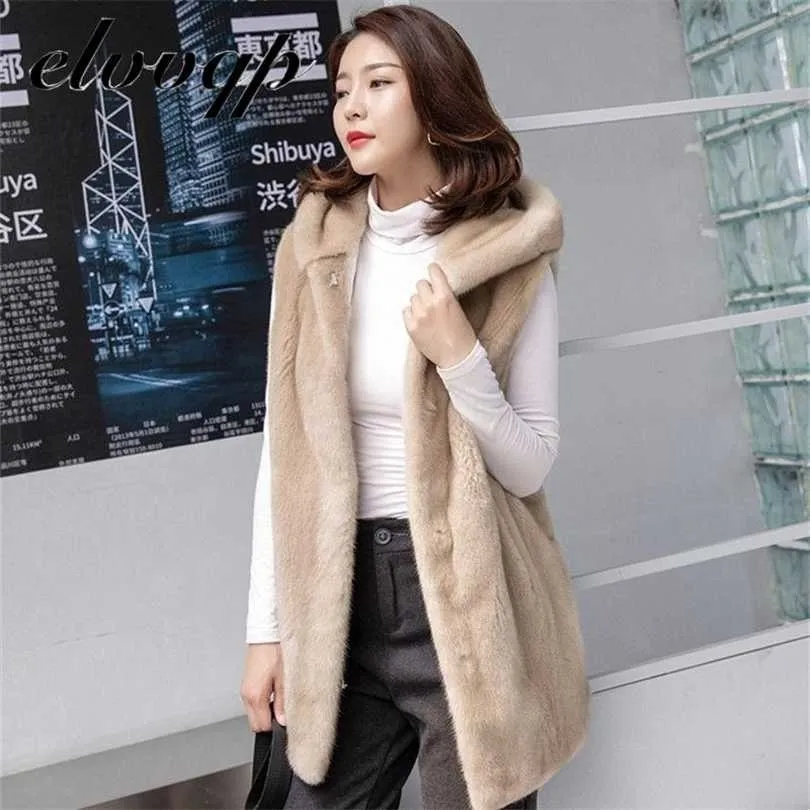 Kameel Zwart Warm Lange Imitatie Bont Dames Vest Winter Hooded Solid Mouwloze Jassen Jas Hoogwaardige Oversized Gilet Femme 211220