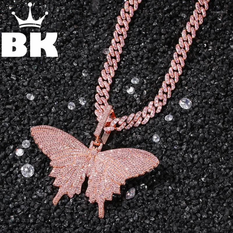 Pingente colares hip hop personalizado rosa colar de borboleta palavra nome com grande fecho cadeia cheia gelado zirconia cúbica jóias1