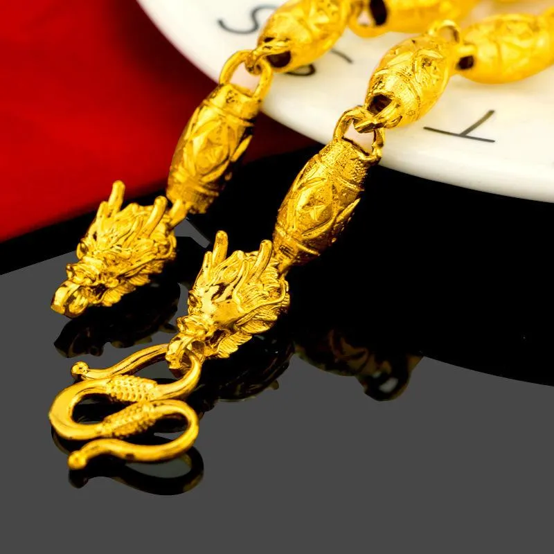 Collier en forme d'olive en or jaune 24 carats 10 mm pour hommes 60 cm tête de dragon pendentif en or sable collier bijoux fins cadeau d'anniversaire de mariage213y