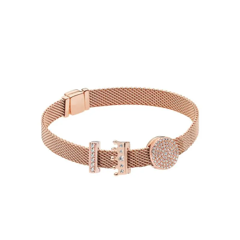 Charme Pulseiras S925 Sterling Silver Rose Gold Reflexões Originais Crown Crystal Bangle Set Mulheres Fit Pandoa Bead Jóias Presente