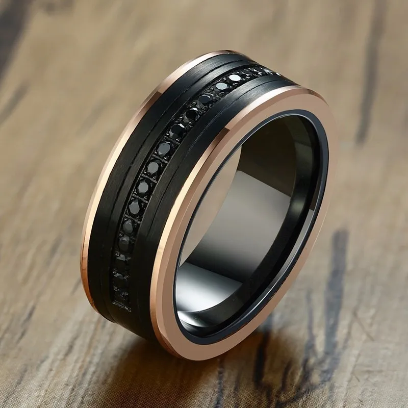 8 мм вольфрамовый карбид мужчин вечности кольца два тон роскошный черный CZ камень розовые золотые боковые свадьбы кольца мужчины супер ювелирные изделия C18122801