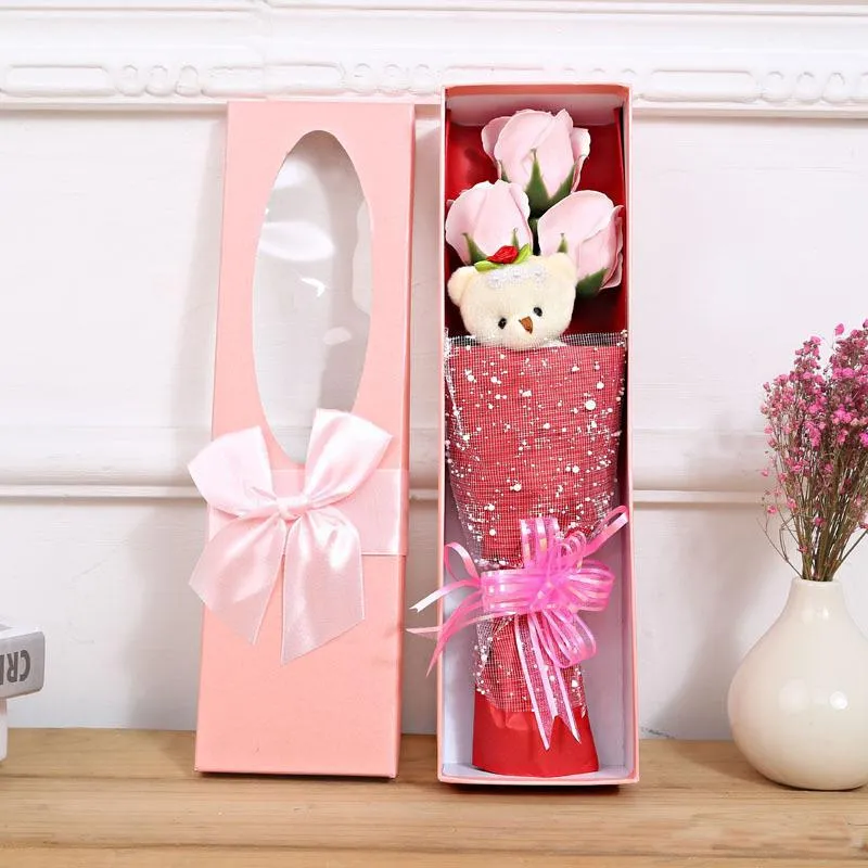 Artificial Soap Roses With Little Cute Teddy Bears Delicate Boxed Five Immortal Flower Or Three Flowers And Bear 8 8hr F R