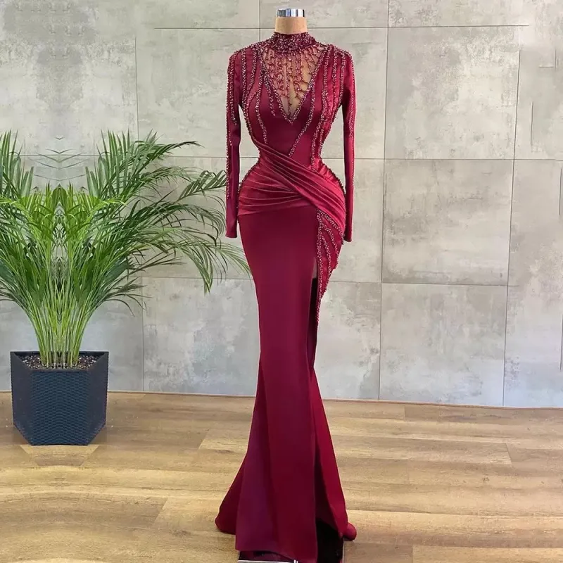 Vestido de fiesta con cuentas y cuello alto, manga larga, vestidos de noche con abertura lateral, largo hasta el suelo, ropa de fiesta y Club, vestido de novia