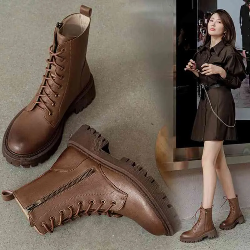 2021 Winter Boots Women Split Leather Platform Shoes Round Toe Fall Thick Heel Chunky Zipper