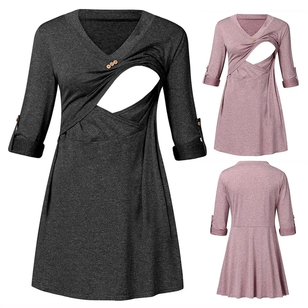 Women Maternity V Neck Rolled Up Sleeve Nursing Shirts Tops For Breastfeeding maternidad clothes for pregnant women nursing top LJ201120