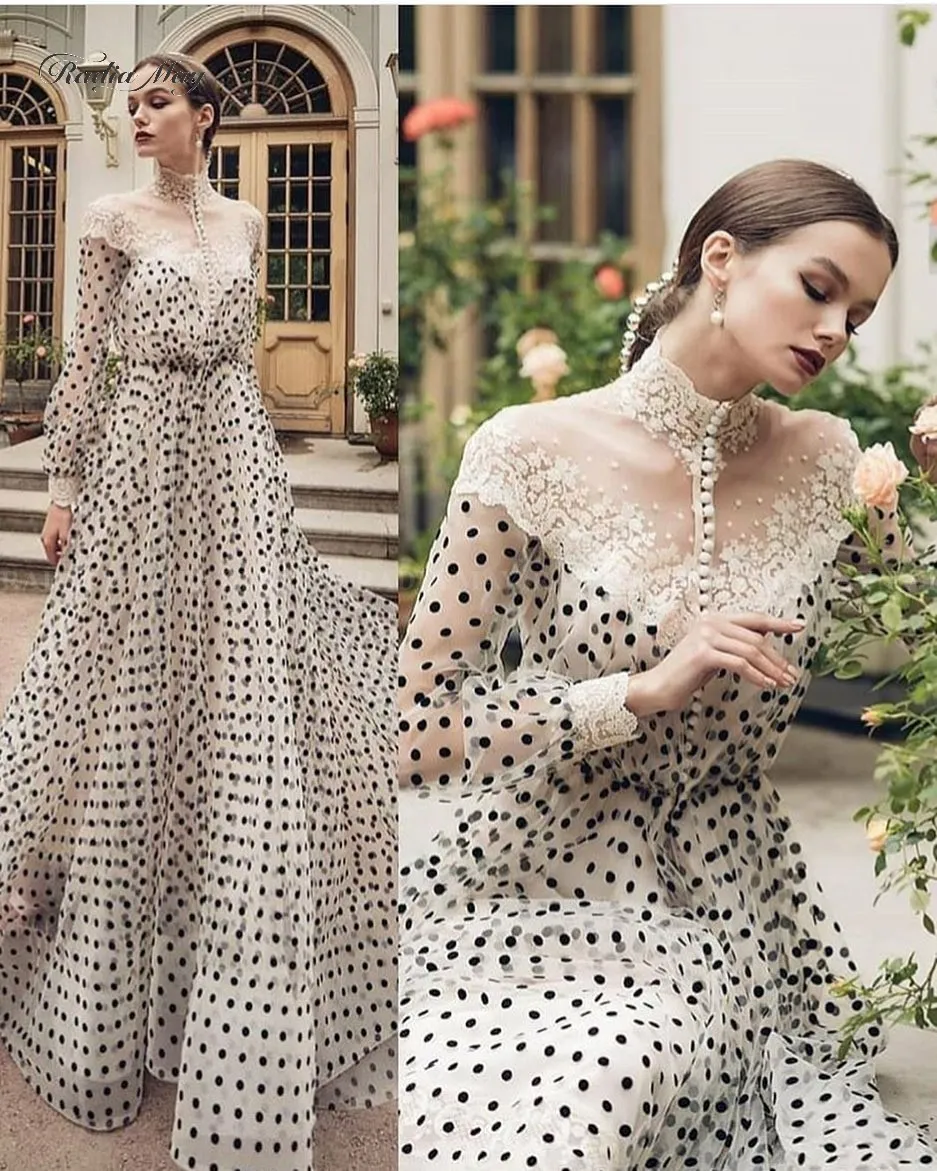 Vintage Koronki Czarny I Biały Polka Dots Dress Długie Rękawy Wysokiej Neck Arabski Kaftan Dubai Prom Dresses 2021 Formalne suknie LJ201123