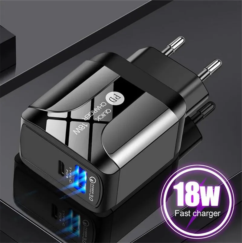 Type-C 18W PD et QC 3.0 chargeur mural rapide avec prise US EU UK pour Samsung iPhone Ipad Xiaomin Huawei téléphone portable