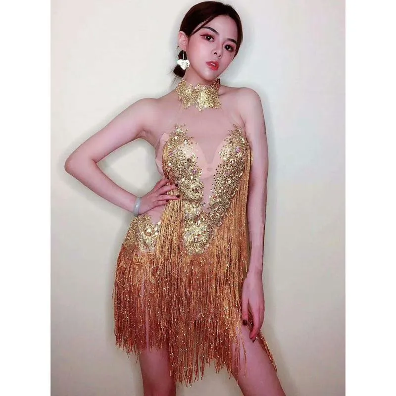 Stage Wear Sparkly Gold Rhinestones Fringes Leotard Women Show Performance Dance Birthday Prom Nightclub Tassel Sexy Mesh Dress