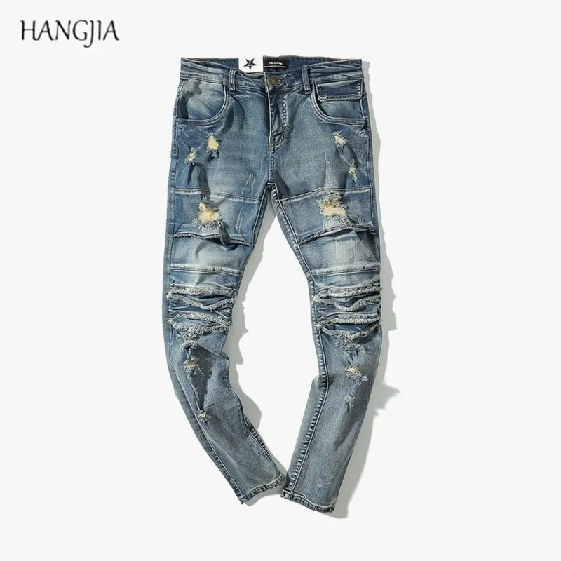 Wstręczony Ripped Slim Fit Dżinsy Męskie Umyte Zniszczone Skinny Denim Spodnie Modne Streetwear Blue Hole Biker Jean dla mężczyzn 20111