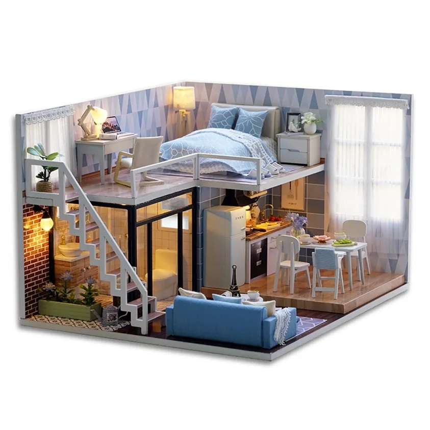 CUTEBEE bricolage maison de poupée maisons en bois maison Miniature meubles Diorama Kit avec LED jouets pour enfants cadeau de noël 220218