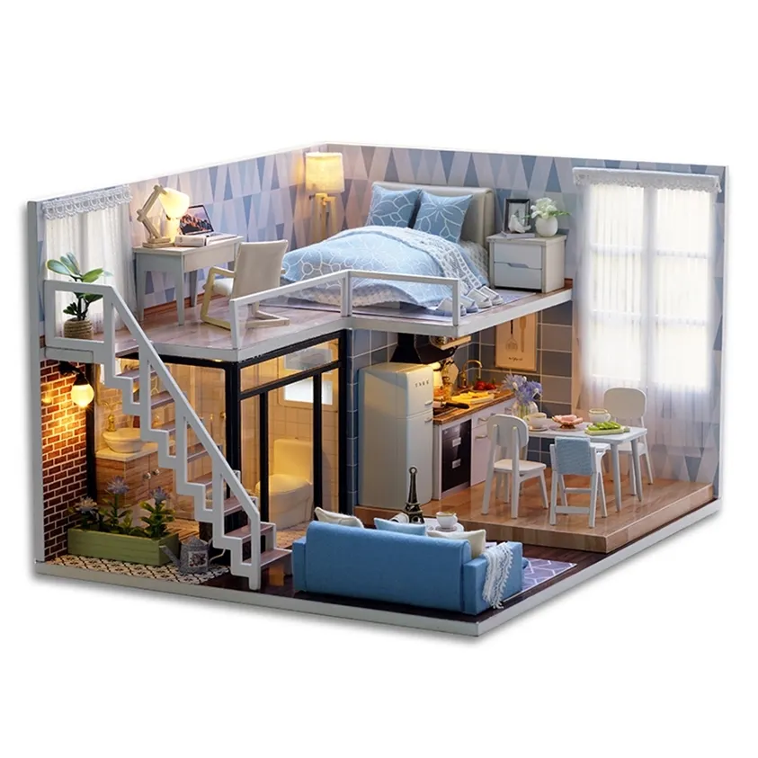 CuteBee DIY Casa de Boneca Casas de Madeira Miniatura Casa Móveis Diorama Kit com Brinquedos LED para Crianças Presente de Natal 220218