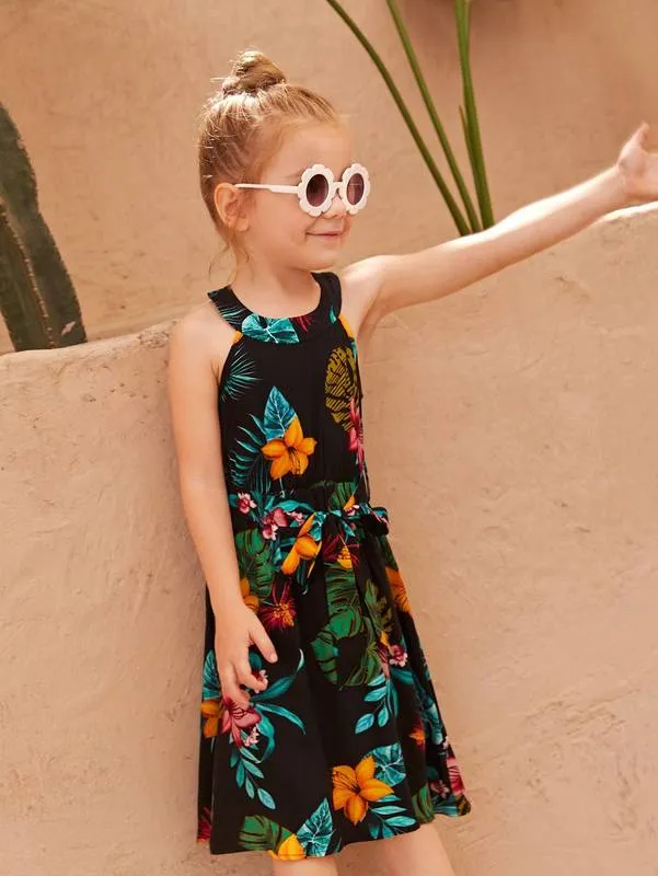 Robe dos nu ceinturée à imprimé tropical pour petites filles SHE