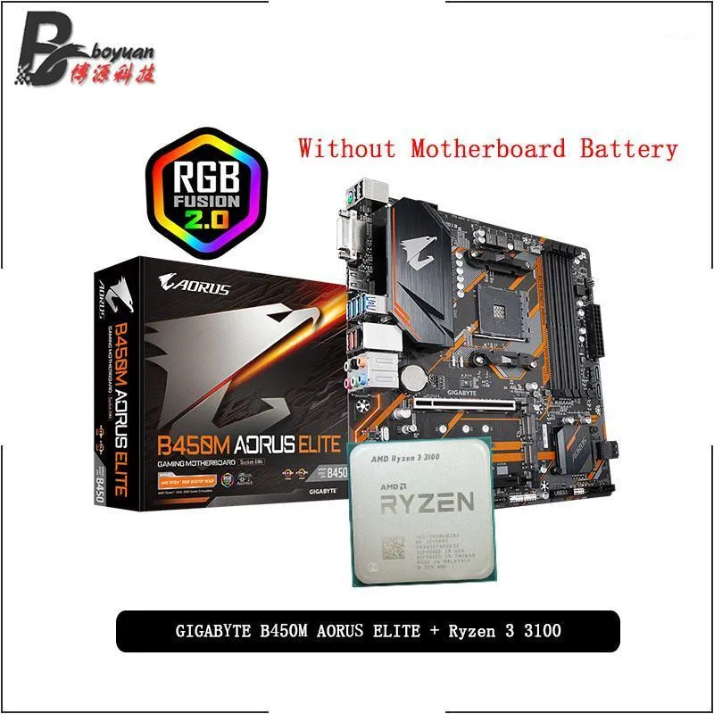 AMD RYZEN 3 3100 R3 3100 CPU + GA B450M AORUS ELITE 마더 보드 정장 소켓 AM4 모두 새로운하지만 COOLER1