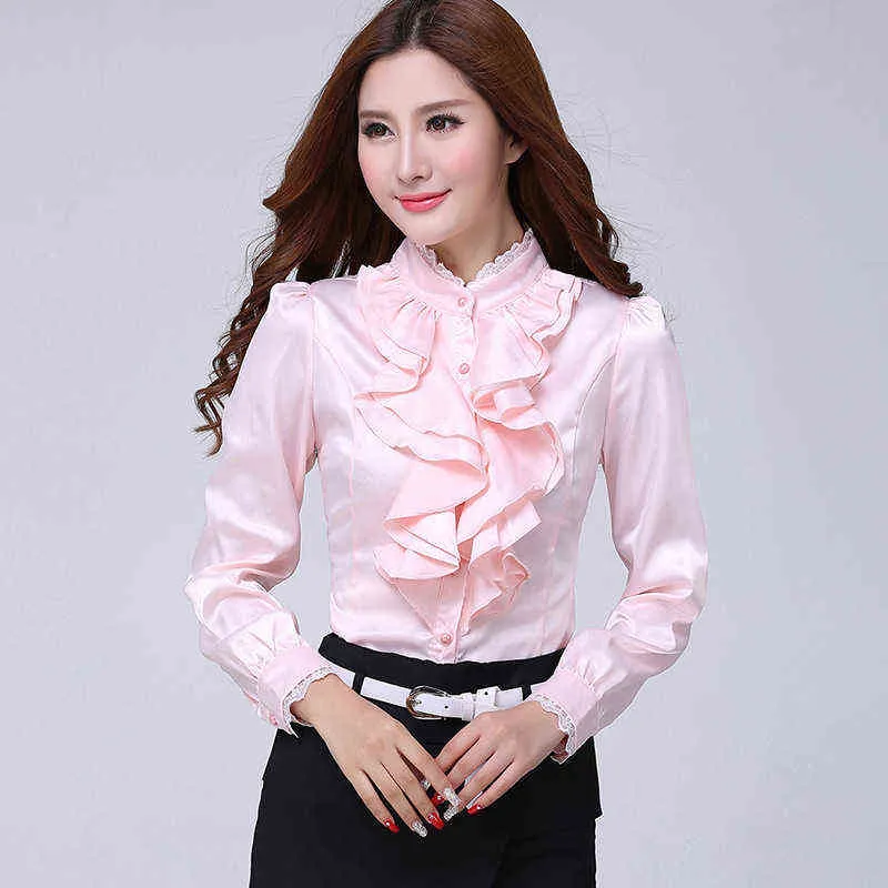 Bluz Gömlek Kadın Moda Bluzlar Pembe Casual Gömlek Zarif Ruffled Yaka Beyaz Ofis Kadın Giyim Bahar Tops Artı Boyutu H1230