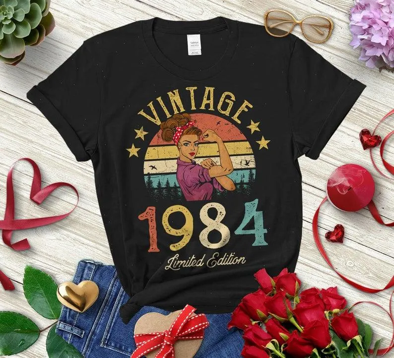 T-shirt manches courtes col rond femme, Vintage, édition limitée, rétro, drôle, 37e anniversaire, imprimé à la mode, décontracté, 1984