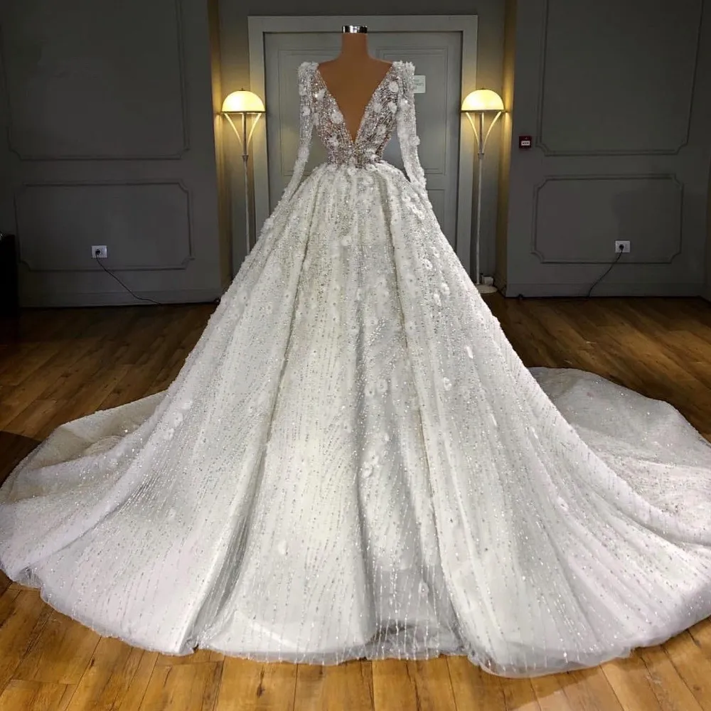 Lyx Dubai Glänsande Beaded Wedding Dresses Full Sleeves 3D Flower Wedding Dress Crystal Sequined Bridal Gowns 2020