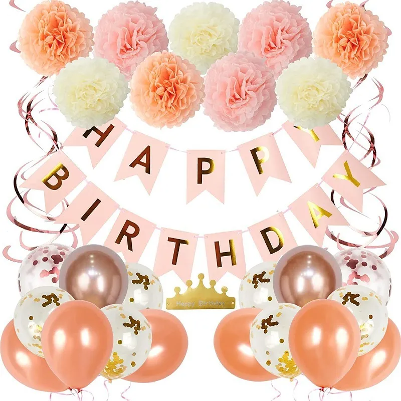 Decoraciones de primer cumpleaños para niña, kit de arco de globos rosados,  pancarta de feliz cumpleaños número 1, corona de globos de oro rosa para