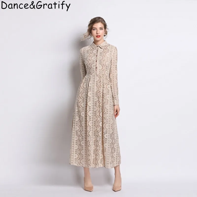 Alta Qualidade Khaki Lace Hollow Out Vestido Casual New Women's Collar Gola Big Swing Longo Maxi Vestido de Festa 201204