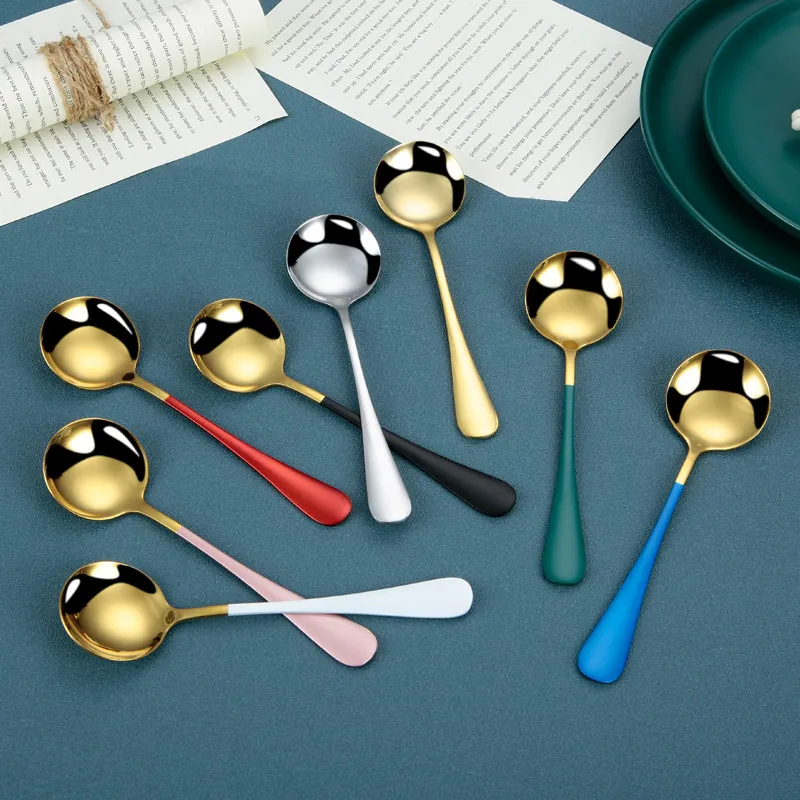 Stainless Steel Coffee stirring Spoons Colored Ice Cream dessert Cake Soup spoon 7-inch Reusable tea sugar round mixing spoons