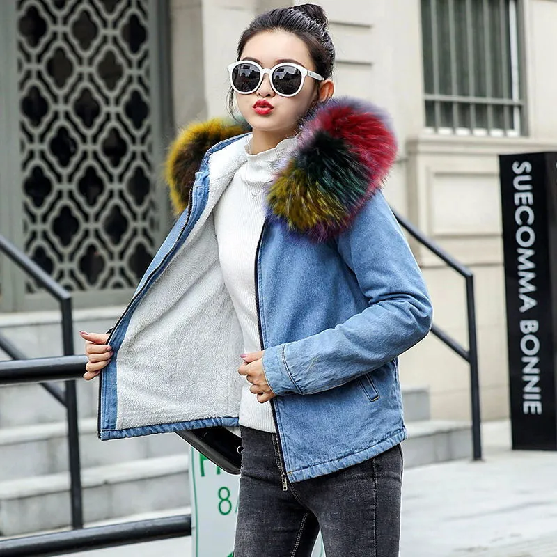 Jean jacket with fur hood online