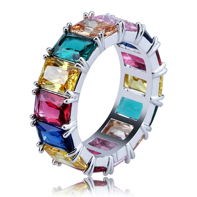 Bagues Hip Hop glacées pour hommes, bijoux, nouvelle mode, bague arc-en-ciel en or, diamant coloré, 3298, 2018